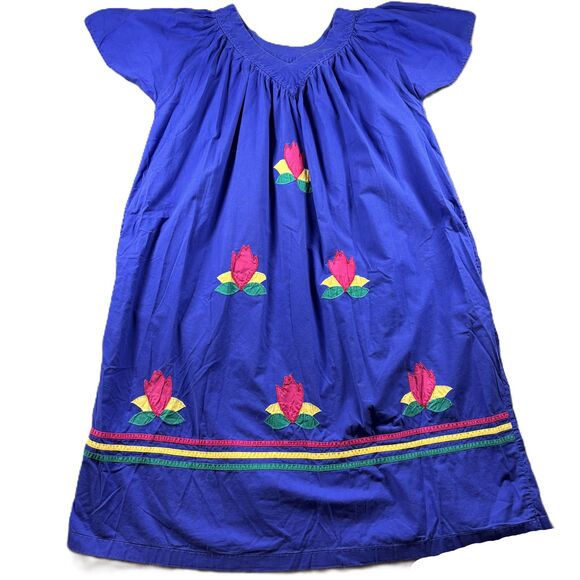 La Javabe Vintage Peasant Dress House Patio Kaftan Floral Applique Boho OS D144 - Picture 1 of 10